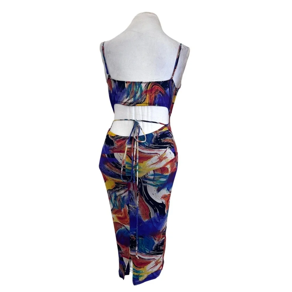 Mesh‎ Open Back Womens Abstract Artsy Cowl Neck Slip Midi Dress Size L Romantic